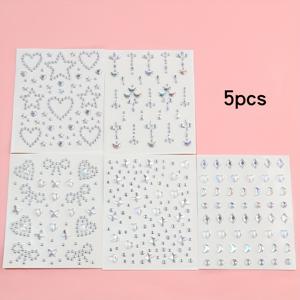 TEMU 5개 세트 반짝이는 하트와 별 모양 라인스톤 페이스 스티커 - 컬러풀 글리터 합성 보석, 메이크업 및 네일 아트, 휴일 장식용 화장품 데칼