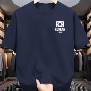 TEMU 남성용 한국 국기 & 글자 프린트 티셔츠 - 통기성 폴리에스터 레귤러 핏 반팔, 라운드 넥 캐주얼 티 지오메트릭 디자인, 여름 및 사계절 편안함, 기계 세탁 가능, 쉬운 관리 원단|태극기
