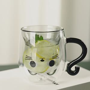 TEMU 1개 250ml 귀여운 고양이 테마 이중벽 유리 컵 - 내열성 & 재사용 가능, 손잡이 포함, 주스, 우유, 아침 식사에 적합 - 완벽한 데이 또는 생일 선물, 고양이 머그