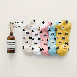 TEMU 5 쌍의 만화 고양이 양말, 캐주얼하고 통기성 있는 보이지 않는 발목 양말, 여성용 스타킹 및 호시