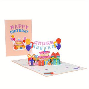 TEMU 생일 축하 3D 팝업 그리팅 카드와 봉투, 메모 카드 - 만화 패턴, 팝업 케이크 & 선물, 누구에게나 적합 - 1개