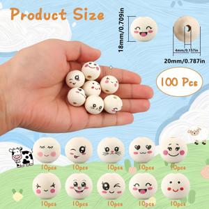 TEMU 나무 구슬 100개, 귀여운 얼굴이 그려진 20mm 스마일 나무 구슬, DIY 공예, 크로셰 프로젝트 및 키링 제작용 구멍이 있는 구슬