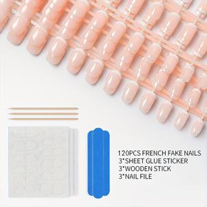 TEMU 120/240개 짧은 사각형 네일 일상용 심플 프렌치 베이직 스타일 인조네일 스티커 세트, 전문 네일 살롱 및 홈 DIY 네일 아트에 적합한 젤리 글루 3개와 미니 네일 파일 3개, 작은 나무 막대기 3개 포함 | 신부 네일 | 결혼식 네일