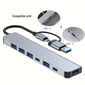 TEMU Type-C 및 USB-A 포트가 있는 7-in-1 고속 USB 3.0 허브, 프린터 지원, 키보드 & 마우스 호환성, 하드 디스크 & U 디스크 연결 가능, 태블릿 & PC 친화적, 5V 전원 공급, 이동 중 사용을 위한 컴팩트 디자인, 노트북용 USB 허브