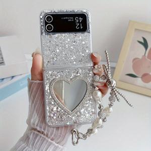 TEMU Flip3 Z Flip4 Z Flip5 Z Flip6용 고급스러운 반짝이는 거울 사랑 랜야드 라이트 모바일 폰 보호 케이스, 완전 커버 방지 낙하 보호 쉘