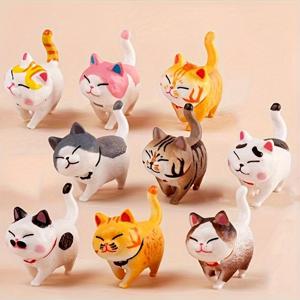 TEMU 9개의 미니 고양이 인형 세트, 귀여운 PVC 모조 고양이, 자동차 대시보드, 케이크 장식, 데스크탑 디스플레이, 고양이 주제 장식에 적합합니다.