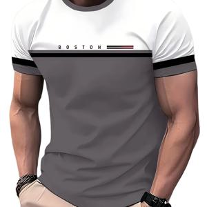 TEMU 남성용 캐주얼 보스턴 그래픽 티 - 반팔, 라운드 넥, 컬러 블록 폴리에스터 티셔츠, 3D 글자 프린트, 세탁기 사용 가능, 스트리트웨어 티셔츠|컬러 블록 셔츠|마이크로엘라스틱 소재