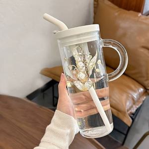 TEMU 1000ml/33.83oz 보로실리케이트 유리 자동차 컵, 실리콘 빨대가 달린 뚜껑이 있는, 얼음 커피, 주스, 우유, 차가운 음료에 완벽합니다.