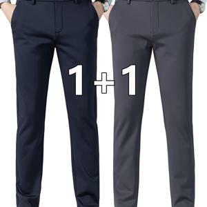 TEMU 2팩 남성 비즈니스 캐주얼 스트레치 드레스 팬츠, 올 시즌 주름 방지 비단 긴 바지, 단색, 정규 핏, 지퍼 디테일, 100% 폴리에스터, 350/180 g/m², 워크 스타일|냉장고바지|남자바지|바지