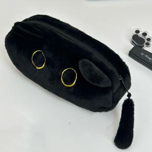 TEMU 대용량 검은 고양이 플러시 필통 및 메이크업 가방 - 노란 눈의 귀여운 만화 디자인, 부드러운 플러시 소재, 지퍼 클로저, 학교나 사무실, 여행에 완벽함 (19cm/7.48인치)