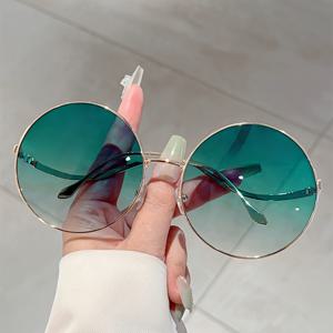 TEMU 1pc 여성용 새로운 둥근 풀 프레임 금속 안경, 패션 슈퍼 대형, 그라데이션 컬러, 블루, 폴리카 렌즈, 금속 힌지, 남성용