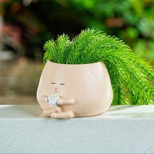 TEMU 1pc Whimsical 커피 컵 플랜터 - 창의적인 레진 홈 및 사무실 장식, 배수 구멍, 실내/실외 사용, 수кул, 허브 및 작은 식물, 흰색 및 베이지 고양이 디자인, 실내 실외 식물 | 재미있는 디자인 | 배수 구멍 기능, 식물 용기