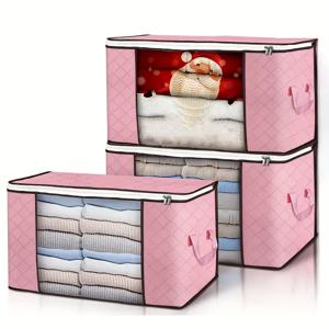 TEMU 3pcs 분홍색 23.78 갤런 대형 수납 백 지퍼 잠금 장치 - 옷, 담요, 이불, 시트, 베개 및 장난감을 위한 접이식 정리함 - 내구성 있는 부직포, 옷장 정리, 장난감 정리함을 위한 우아한 디자인 | 우아한 수납 솔루션 | 견고한 지퍼 잠금 장치