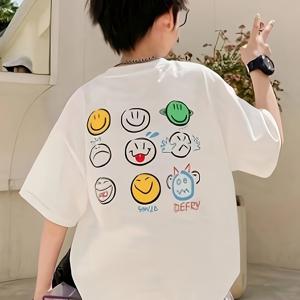 TEMU 1개 소년용 트렌디 여름 티셔츠 - 화이트 캐주얼 루즈핏 재미있는 만화 이모티콘 프린트, 어린이와 청소년을 위한 반팔 라운드 넥 티, 세탁기 사용 가능, 여름 청소년 티 | 재미있는 이모티콘 디자인 | 캐주얼 화이트 티, 여름 셔츠