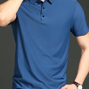 TEMU 피어슨 OBM 아이스 실키 폴로 셔츠 - 남성 및 여성용 고 탄성, 빠른 건조, 편안한 핏, 통기성이 좋은 여름 및 가을 상의, 라펠 칼라, 다크 블루, 캐주얼 스타일, 여름 폴로 셔츠 | 세련된 폴로 셔츠 | 광택 있는 셔츠