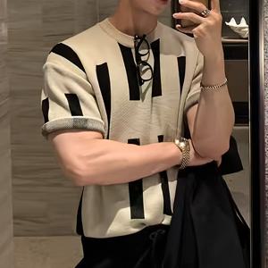 TEMU 남성용 캐주얼 크루넥 니트 스웨터 - 반팔, 레용, 블랙 앤 화이트 수직 줄무늬가 있는 컬러 블록 디자인, 캐주얼한 옷으로 적합한 여름용 풀오버