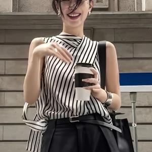 TEMU 여성용 우아한 프랑스 영감을 받은 소매 없는 줄무늬 블라우스 - 세련된 타이 프론트 디자인, 루즈핏, 여름 2025 컬렉션, 검은색과 흰색 수직 줄무늬, 라운드 넥, 가벼운 폴리에스터, 캐주얼한 외출에 완벽한, 여성용 블라우스|블라우스|여름블라우스|민소매