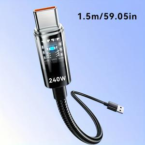 TEMU 화웨이, 샤오미 및 애플 휴대폰에 적합한 240W 초고속 충전 투명 LED 표시등 Type-C 데이터 케이블, 플래시 충전 케이블과 완벽 호환