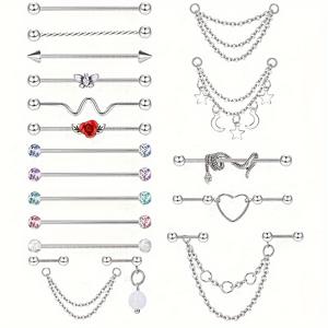 TEMU 19pcs 산업 바벨 피어싱 보석, 남성용 스테인레스 스틸 산업용 귀걸이, 스네이크 체인 댕글 귀개 헬릭스 피어싱 보석