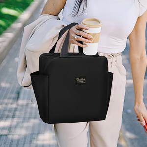 TEMU 1pc 우아한 블랙 보온 도시락 가방, 알루미늄 호일 안감, 대용량, 휴대용, 여행 및 통근에 이상적, 식품 접촉 없음, 여행 도시락 가방 | 세련된 토트 디자인 | 내구성 있는 폴리에스터 가방, 도시락 가방 보온