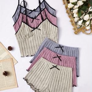 TEMU 3pcs 우아한 폴리에스터 스파게티 스트랩 잠옷 세트 여성용, 단색 니트 원단 잠옷, 리본 디테일, 모든 계절 편안함