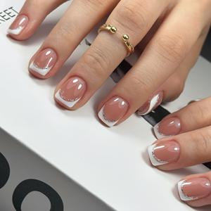TEMU 유럽 스타일 고급스러운 짧은 네일 아트 조각 10개 세트, 프렌치 글리터 네일 아트, 분리 가능한 달콤하고 멋진 풀 커버 인조 손톱, 여성용 | 웨딩 네일