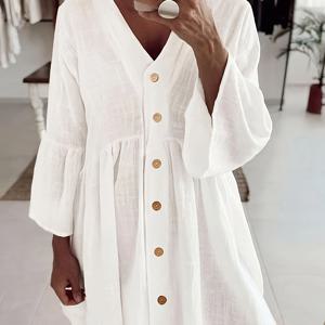 TEMU 여성용 우아한 화이트 브이넥 미디 드레스 - 긴 소매, 버튼 프론트, 반투명 여름 드레스와 러플 밑단 및 커프스, 세탁기 사용 가능, 일상 패션 | 세련된 디테일|여름원피스|여성원피스|인견원피스