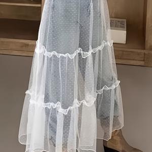 TEMU 스위트 빈티지 레이어드 튤 오버스커트 - 가벼운 100% 폴리에스터, 러플 밑단, 사계절용 솔리드 컬러 플레어 스커트, 손세탁 전용, 일본식 한국 스타일