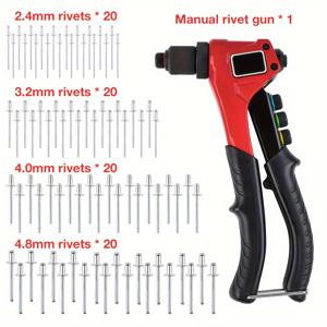 TEMU 80개의 리벳이 포함된 4-in-1 리벳 건 키트, 2.4mm, 3.2mm, 4.0mm, 4.8mm의 4개의 교체 가능한 리벳 헤드가 있는 수동 리벳 건 세트, 플라스틱, 금속, 가죽, 홈 수리 및 DIY 프로젝트용으로 사용되는 헤비 듀티 원 핸드 리벳 기계