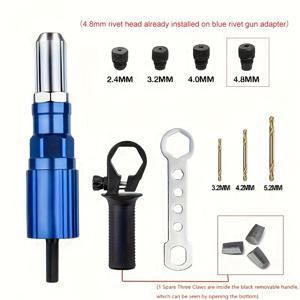 TEMU 3개의 드릴이 포함된 1세트 전기 리벳팅 건 어댑터, 2.4/3.2/4.0/4.8mm 전문 전기 리벳 건 컨버터 키트, 예비 3개의 클로, 그리고 4개의 리벳 헤드, 플라스틱, 금속, 인조 가죽용 리벳 건 세트