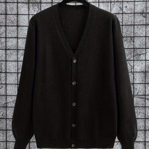 TEMU Handaiwei 남성용 경량 비즈니스 캐주얼 버튼업 가디건 - V넥, 레이온 66%/폴리에스터 34%, 레귤러 핏, 솔리드 블랙, 봄/가을, 손세탁 전용