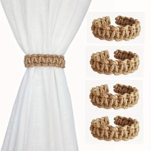 TEMU 4pcs 스타일의 짠 라탄 커튼 타이 - 손수 만든, 자연적인 베이지 로프로 쉽게 커튼을 조절할 수 있습니다. 거실 장식에 완벽한 커튼 액세서리 | 스타일 | 라탄 커튼 타이