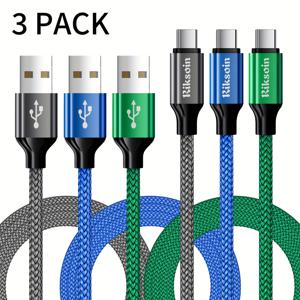TEMU RIKSOIN 고속 충전 케이블 3팩, 아이폰 16/15 프로 맥스, 삼성, 구글 호환용 USB C 나일론 브레이디드 코드, 데이터 전송 가능, 길이 3피트/6피트/9피트
