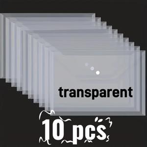 TEMU 클래식 A4 투명 플라스틱 파일 봉투 10개 세트 (스냅 잠금장치) - 내구성 있는 PP 소재, 고품질 문서 정리 가방, 사무실/가정/학교용 보관함, 학교 필수품, 슬림한 외관, 안전한 잠금 시스템