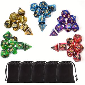 TEMU 5 x 7면체 이중 색상 폴리헤드럴 주사위 세트, D&D DND RPG MTG 던전 앤 드래곤 테이블 보드 롤 플레이 게임용 5개의 파우치 포함