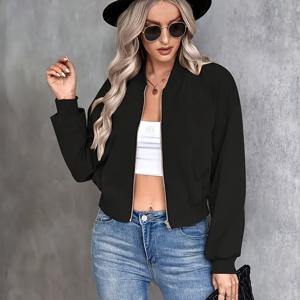 TEMU 시크한 솔리드 컬러 여성용 지퍼업 재킷 - 캐주얼 롱 슬리브 아우터웨어, 스탠드 칼라, 세탁기 사용 가능 - 가을/겨울에 완벽함
