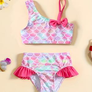TEMU 1pc LWERSIMMG 어린이 원 숄더 인어 비늘 리본 비키니 세트, 고탄력 폴리에스터 수영복, 러플 바닥, 열대 패턴, 파티 스타일, 크루 넥, 스키니 핏, 니트 원단, 어린이용