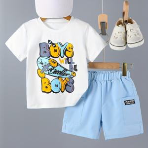 TEMU 2pcs 소년 의류 세트, 프린트 라운드 넥 캐주얼 반팔 티셔츠와 포켓 반바지, 상단 니트 원단에 탄력, 바지 원단에 탄력 없음, 양쪽에 포켓, 정상 버전, 봄과 여름 청소년 의류, 파티 및 일상용으로 적합, 야외 착용