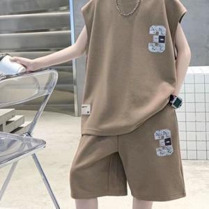 TEMU 중대형 청소년을 위한 소년 민소매 상의와 반바지 캐주얼 스포츠웨어 세트 2피스, 야외 활동에 적합