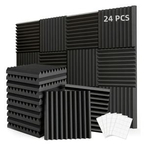 TEMU 무료 양면 테이프 포함 고밀도 블랙 방음 패널 24개 세트, 12x12x1인치 난연성 음향 차단 벽패널, 소음 감소, 빠른 회복, 홈 오피스, 스튜디오, 회의실, 음악실 및 극장에 적합