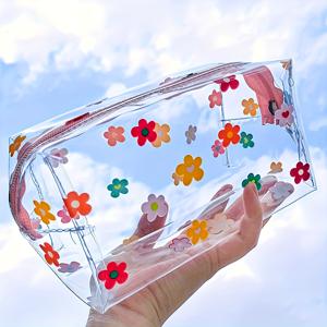 TEMU 1pc 꽃형 PVC 메이크업 가방 - 대용량 투명 화장품 가방, 지퍼 포함 - 휴대용 여행 정리함, 화장품 및 메이크업 필수품, 귀여운 화장품 가방