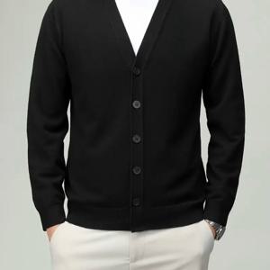 TEMU 핸다이웨이 남성 캐주얼 비즈니스 V넥 가디건 - 블랙 솔리드 컬러, 버튼 프론트 플라켓, 가벼운 봄/가을 오피스웨어, 레귤러 핏, 손세탁 전용 내구성 니트