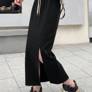 TEMU 여성용 우아한 블랙 드로스트링 허리 슬릿 스커트 - 높은 허리, 바디콘 핏, 장식 포켓, 캐주얼 또는 세련된 옷에 적합, 올시즌 스커트 | 티우웨이스트 스커트 | 폴리에스테르 재질