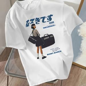 TEMU 여성용 소프트 그래픽 프린트 티셔츠 - 화이트 캐주얼 반팔 라운드넥, 일본어 레터링 & 여행 테마 아트, 사계절 편안함, 세탁기 사용 가능, 여행 테마 의류, 패션, 편안한 착용감