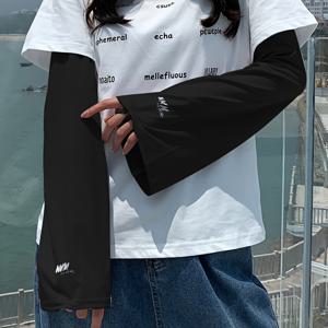 TEMU 2pcs 여성용 긴 느슨한 자외선 차단 장갑 - 통기성, 가벼운 여름 팔 장갑, 단색 폴리에스터, 비탄성, 야외 활동에 이상적, 손세탁 가능, 자외선 차단 장비 | 캐주얼 스타일 장갑 | 니트 질감|팔토시