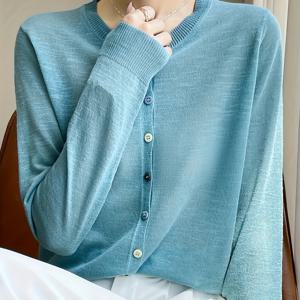 TEMU 2025 신상 여성 가디건 - 초경량 루즈 라운드넥 긴팔, 세미시어 버튼 디자인, 여름 캐주얼 솔리드 컬러 아우터웨어|비치웨어