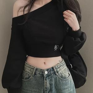 TEMU 여성용 섹시한 어심메트리컬 오프숄더 크롭탑 - 고탄력 슬림핏 긴팔 셔츠, 레터 프린트, 블랙 다목적 봄 여름 가을 캐주얼 & 이브닝 웨어, 원 숄더 디자인, 우아한 스타일, 고탄성 소재, 파티룩, 스트레치 재질, 패션러버즈를 위한 세련된 블라우스