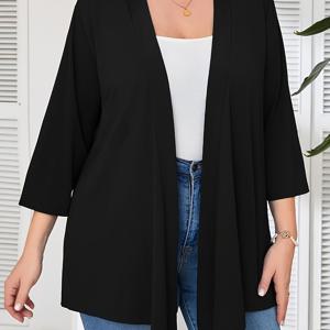 TEMU 여성 캐주얼 7/8 소매 오픈 프런트 가디건, 폴리에스테르 블렌드, 스판덱스, 가을/겨울, 기계 세탁 가능