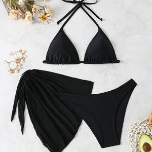 TEMU QVR 여성 패션 3pcs 비키니 세트 - 높은 스트레치, 단색, 열대 잎 디테일, 직선 컷 바닥, 섹시하고 스타일리시한 여름 휴가, 비치웨어 | 열대 잎 상의 | 세련된 비키니 바닥, 비키니 세트|레쉬가드여성