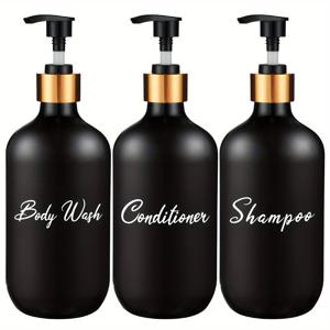 TEMU GAONLY 샤워 비누 디스펜서 세트 3개, 16.9oz 플라스틱 샴푸 및 컨디셔너 병 라벨 포함, 쉬운 리필 바디 워시 욕실 장식용, 무광 검정 & 흰색 플라스틱 병, 골든 펌프 할로윈 크리스마스 선물